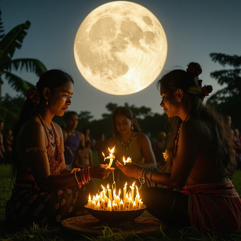 Rituales lunares venezolanos durante la noche People performing lunar rituals under the full moon in Venezuela