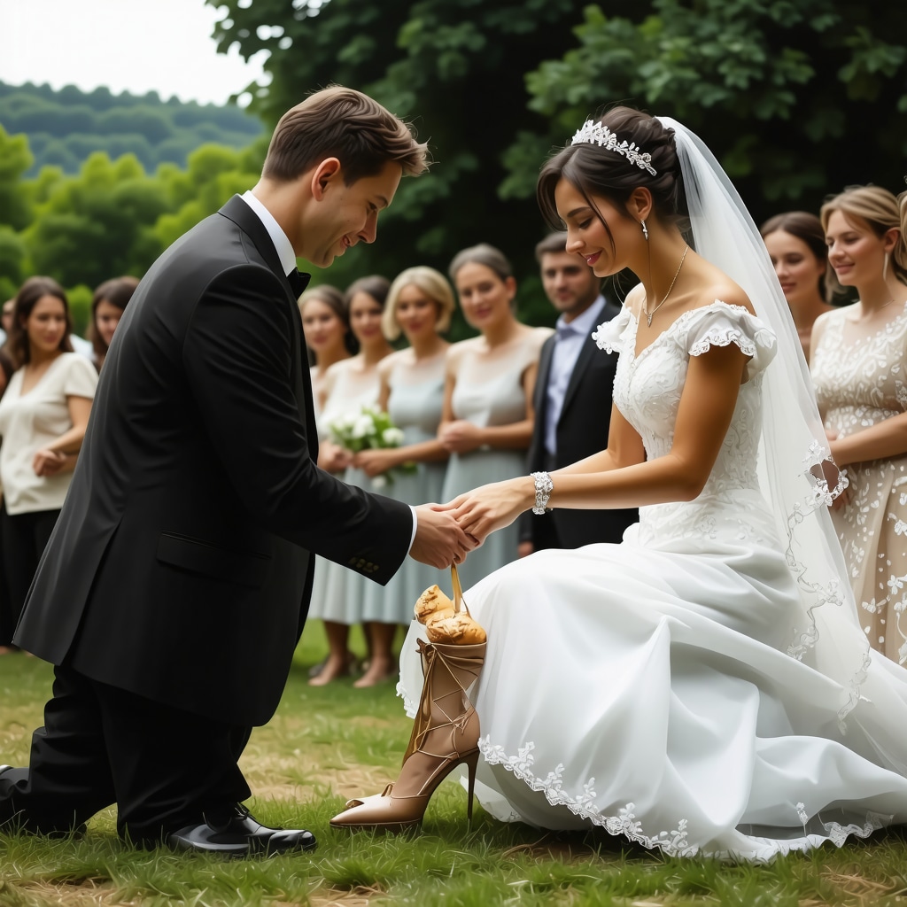 Bride and groom in traditional Russian wedding rituals with guests stealing the bride's shoes