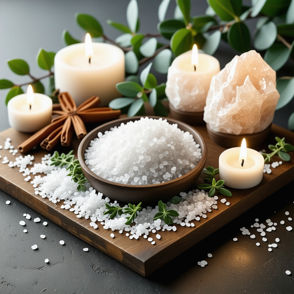 Tray with salt, aromatic herbs, and quartz crystals at a business entrance for energy cleansing and protection