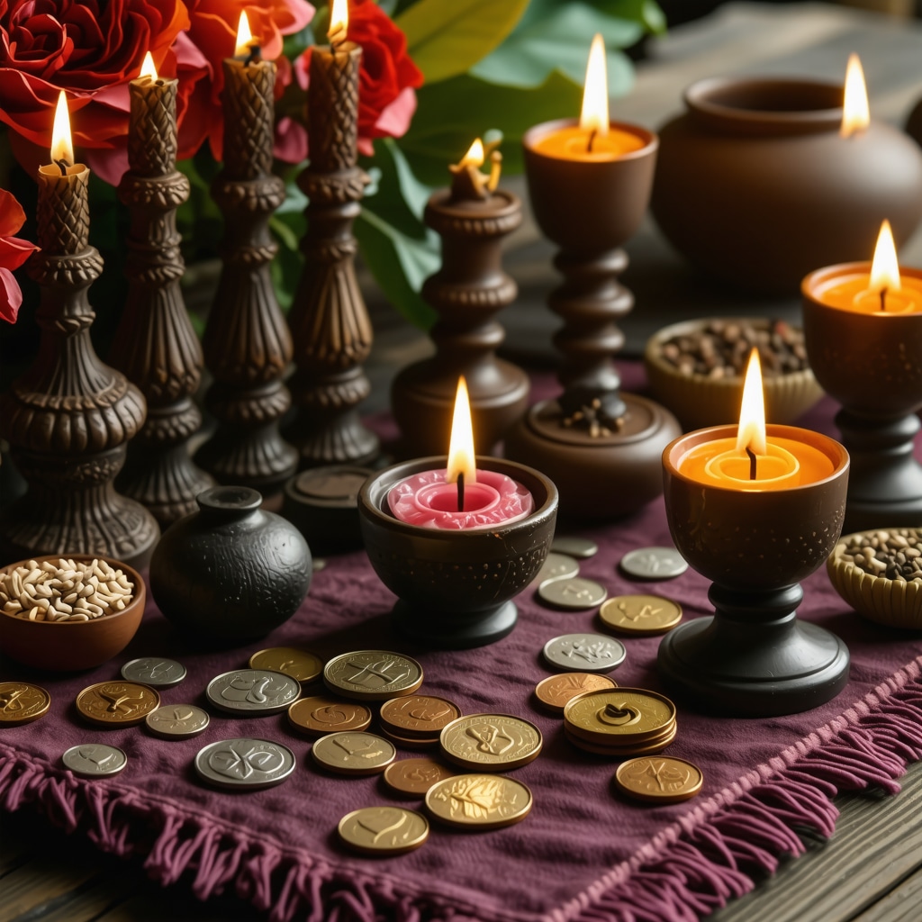Altar with coins, herbs, and candles for attracting prosperity on Saturday.
