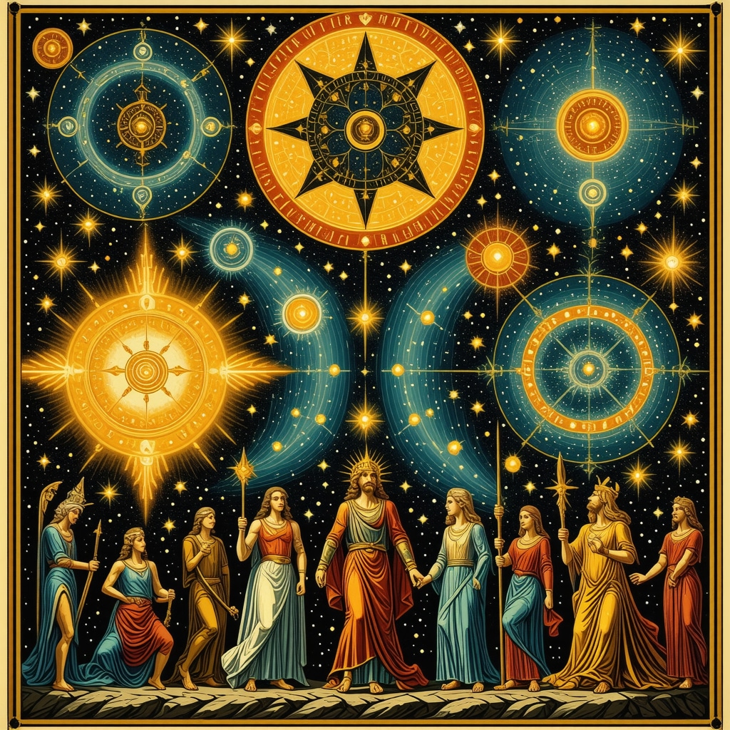 Símbolos antiguos y figuras mitológicas en un entorno místico con colores vibrantes