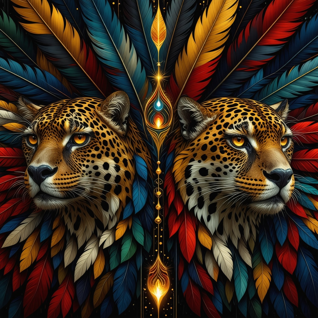 Dibujo detallado de jaguar y águila en ceremonias espirituales tradicionales