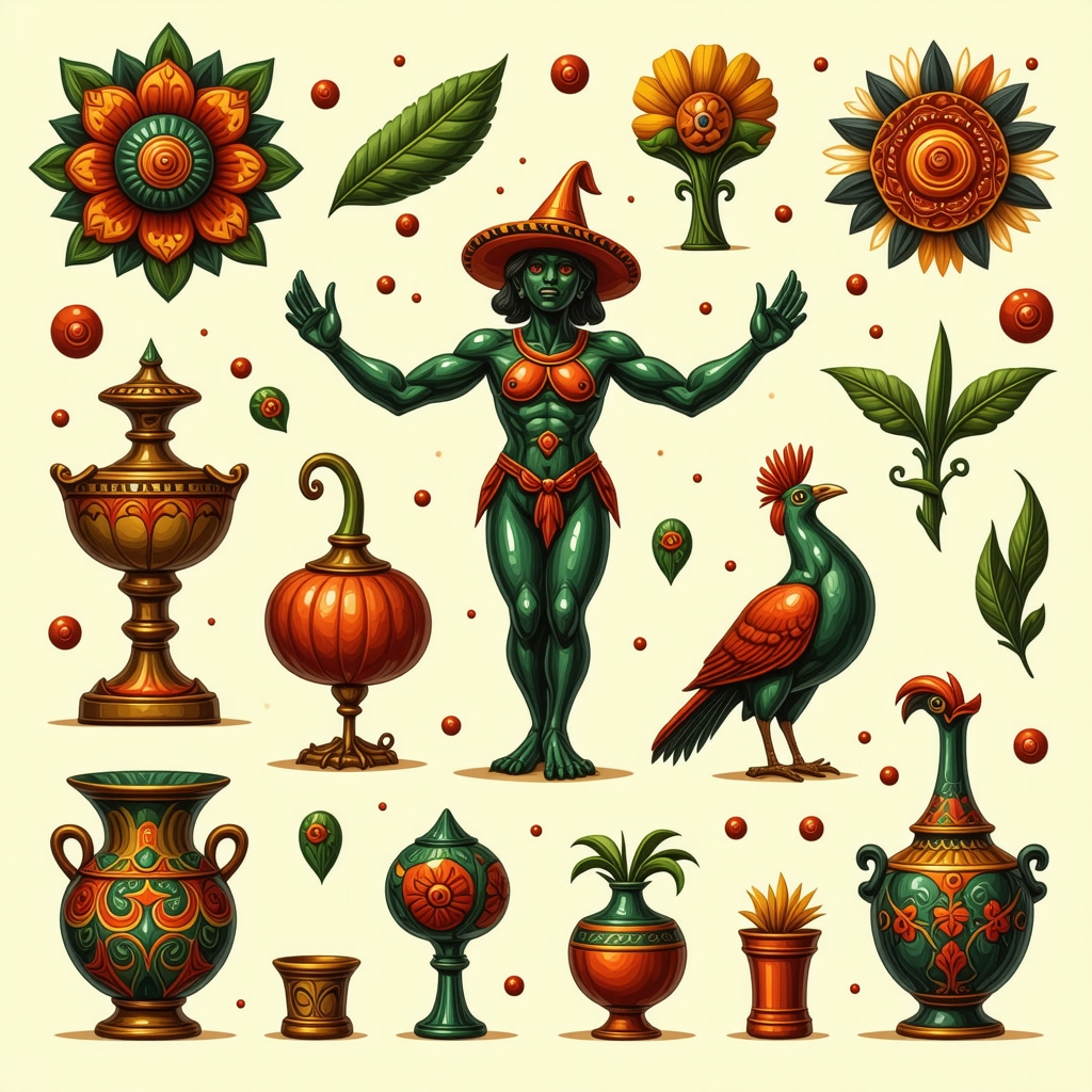 Representación visual de símbolos folclóricos españoles que reflejan mitos y tradiciones