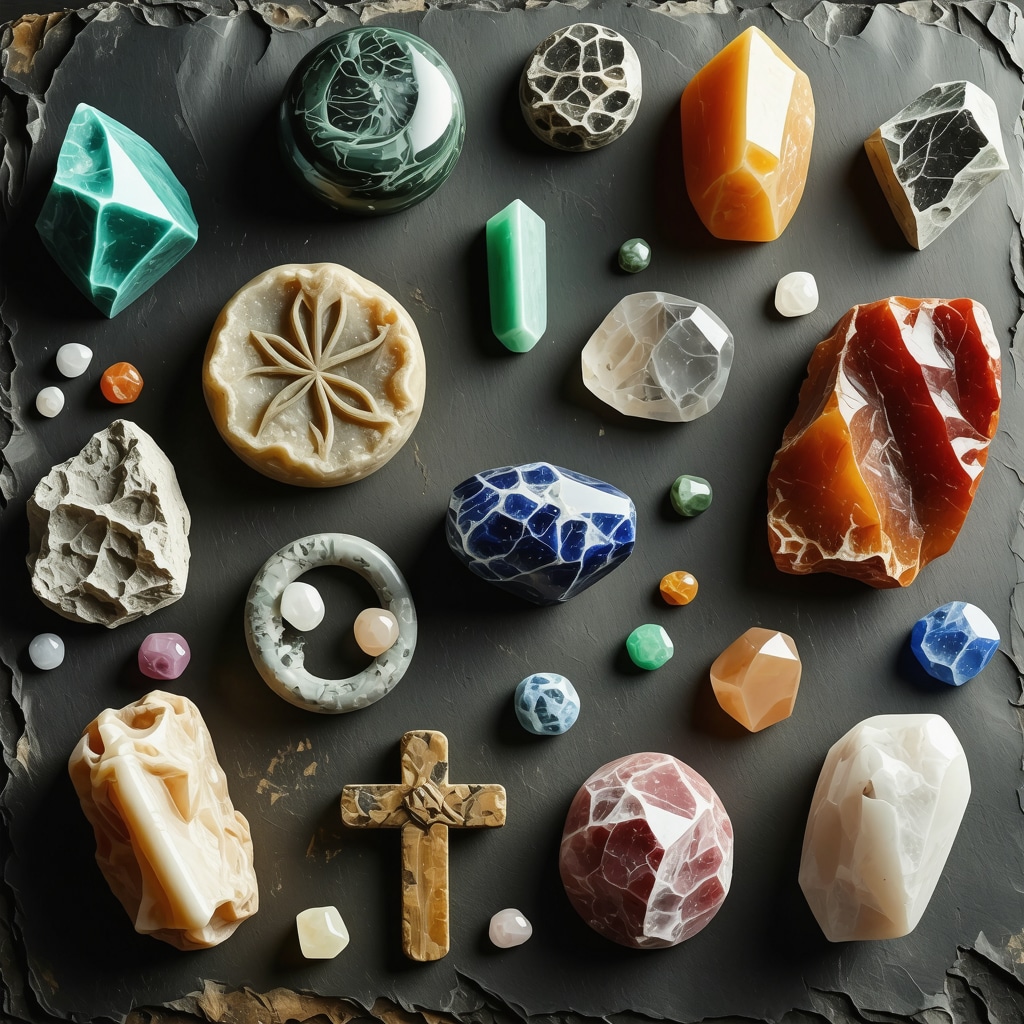 Representación de símbolos griegos antiguos y prácticas rituales contemporáneas con elementos naturales y cristales.