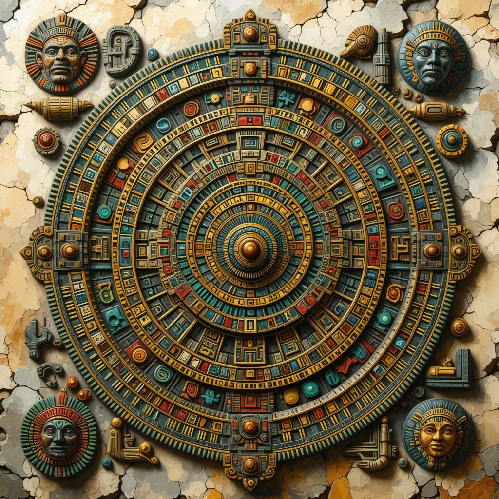 Calendario azteca con símbolos que representan ciclos y espiritualidad