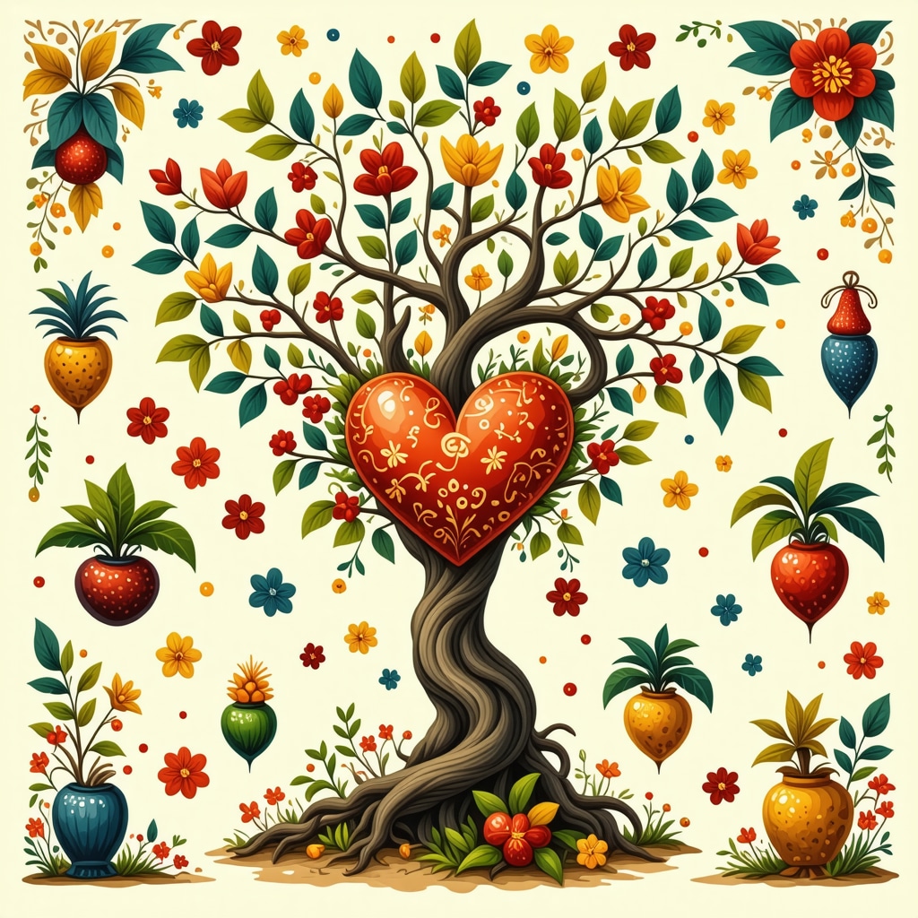 Ilustración de símbolos ancestrales mexicanos como el árbol de la vida y el corazón de la abundancia en un contexto cultural vibrante