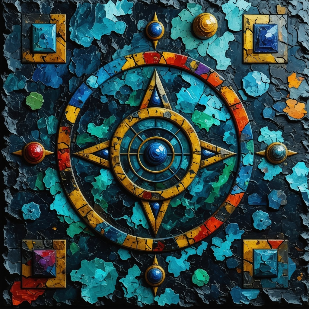 Artefactos culturales con patrones geométricos antiguos que representan conceptos espirituales y energéticos