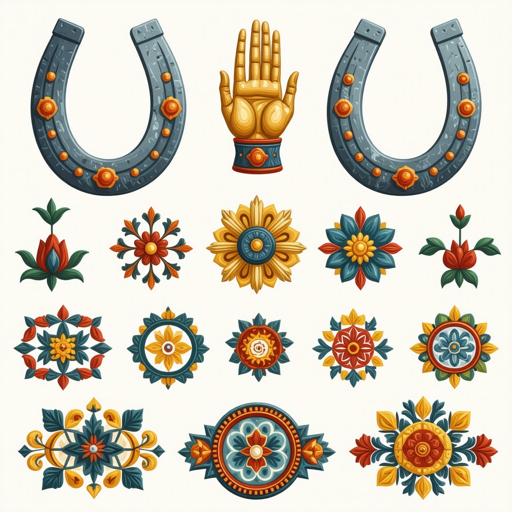 Colección de símbolos portugueses como herraduras, mano de Fátima y patrones geométricos coloridos, dispuestos artísticamente.