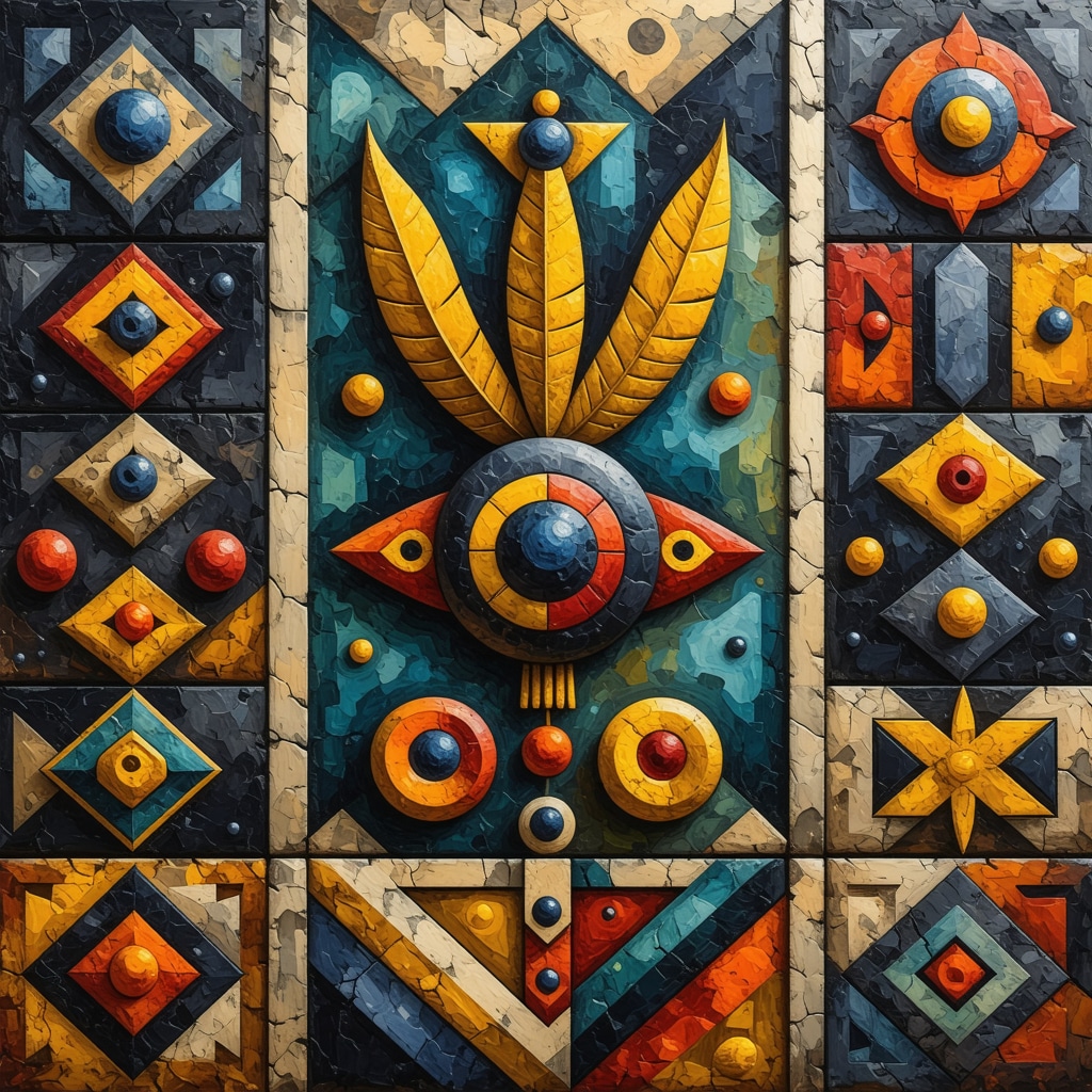 Ilustración digital de símbolos antiguos peruanos con patrones geométricos y motivos espirituales