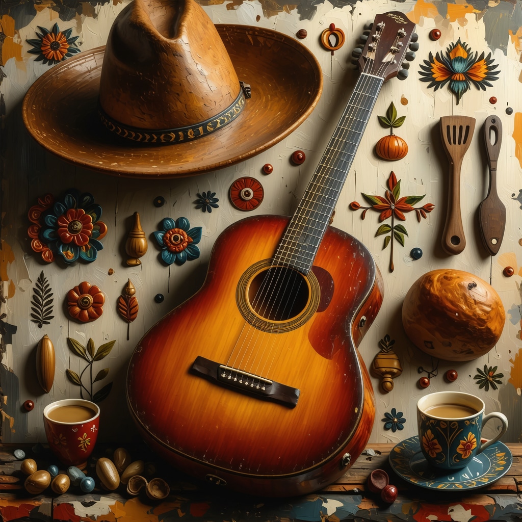 Ilustración de símbolos culturales uruguayos como gaucho, guitarra y mate