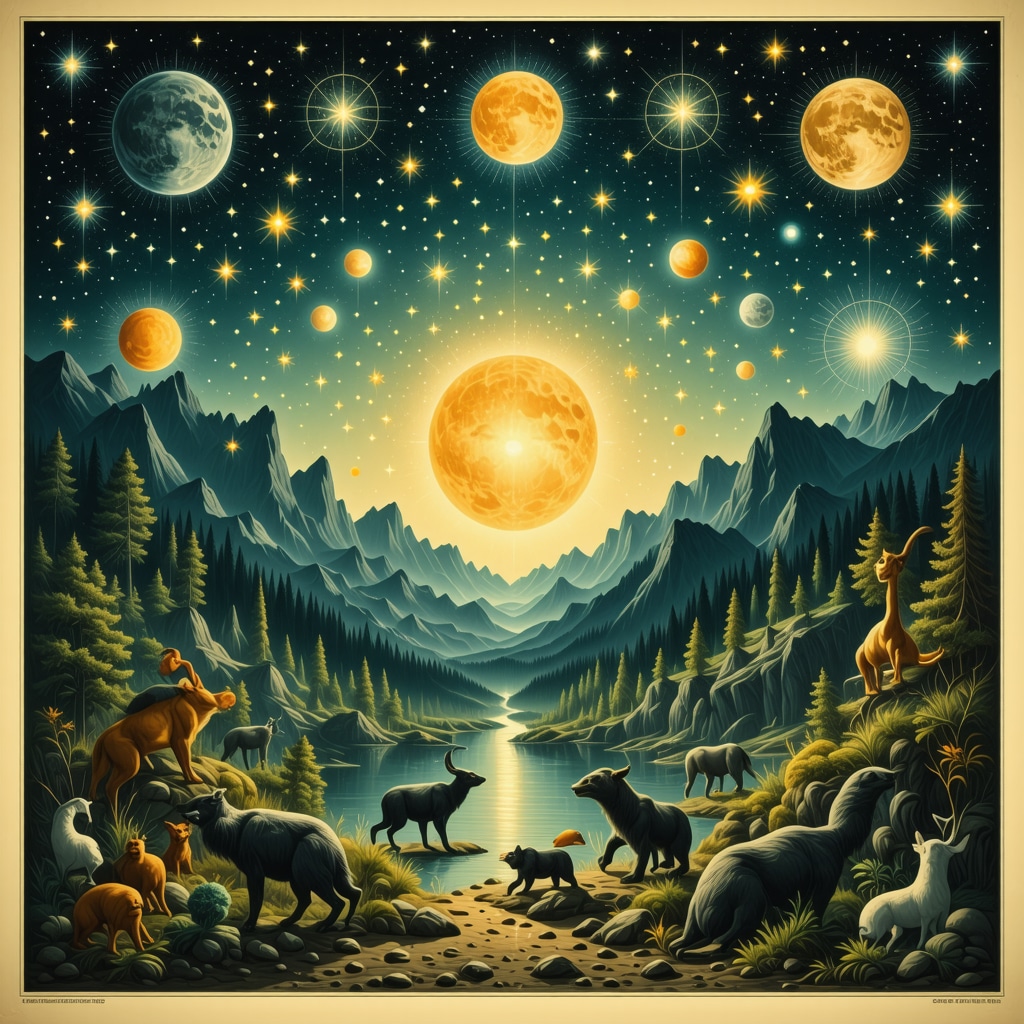 Escena mística con símbolos y signos en la naturaleza, representando señales del universo.