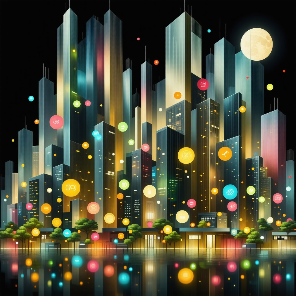 Modern city buildings with symbolic design elements and colorful lighting