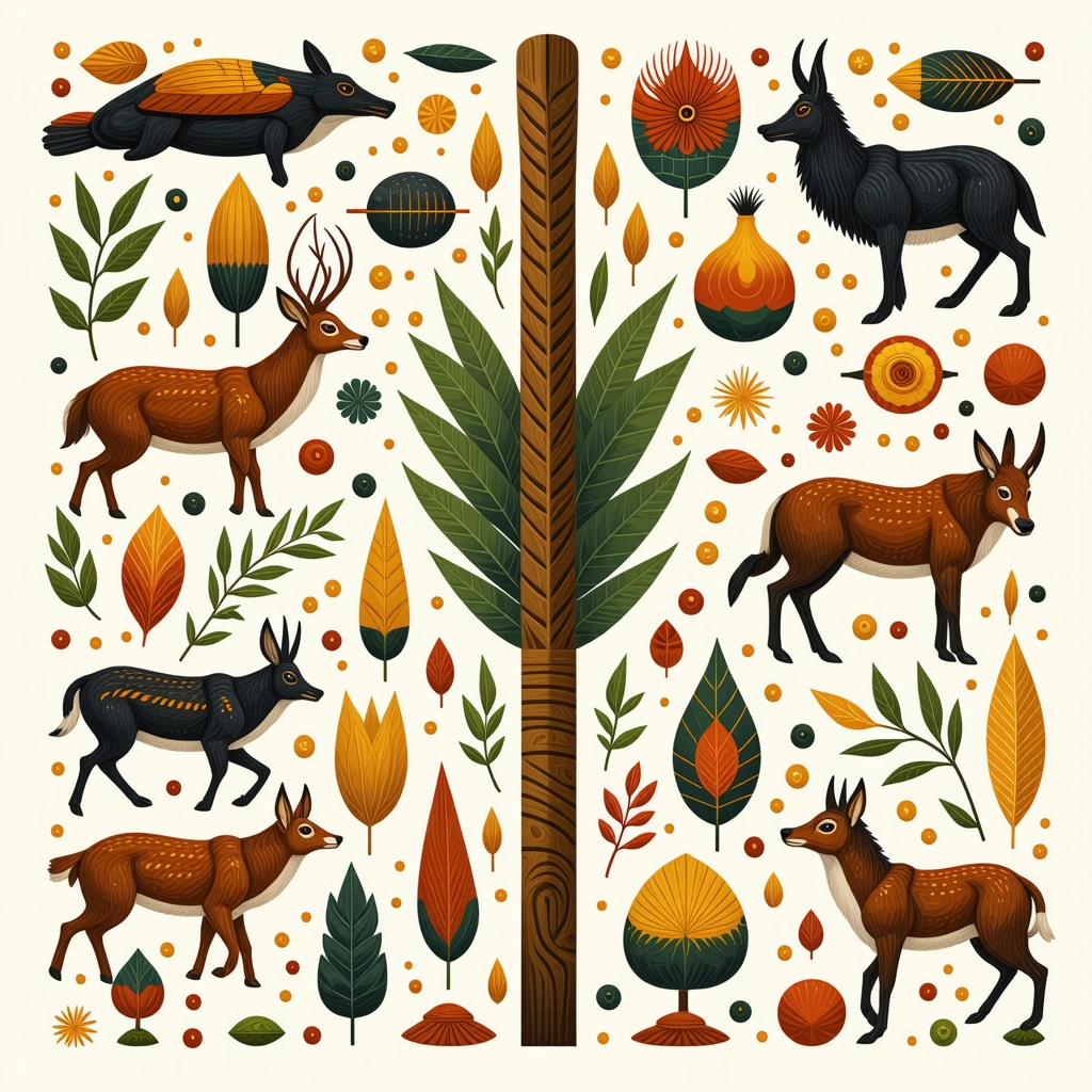 Ilustración detallada de símbolos espirituales paraguayos con animales, colores y elementos naturales que representan tradiciones culturales.