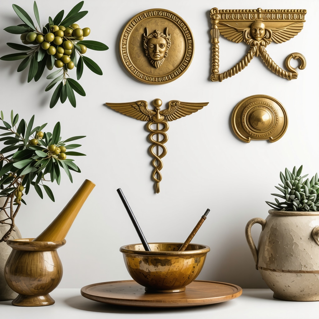 Decoración moderna con símbolos griegos como olivo, caduceo y cuerno de la abundancia.