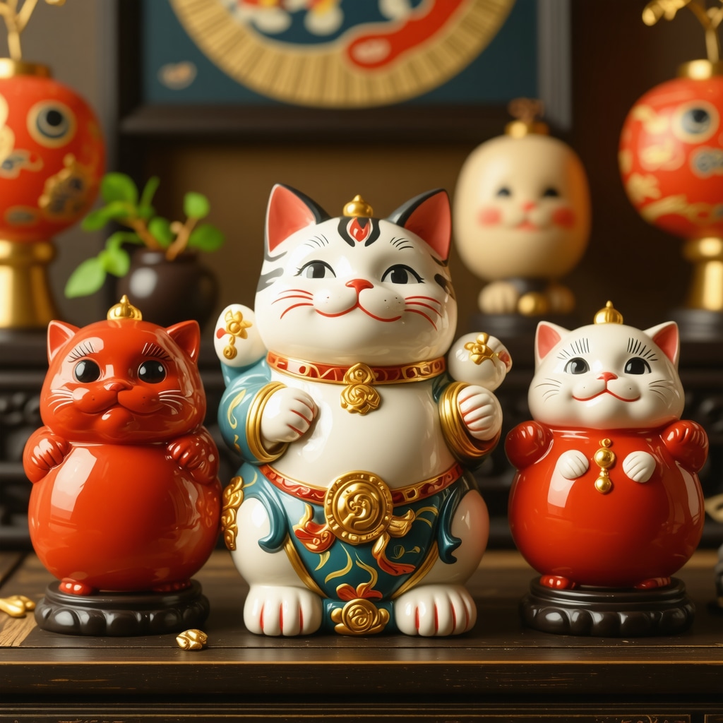 Maneki-neko y Daruma en un altar japonés que simbolizan suerte y perseverancia