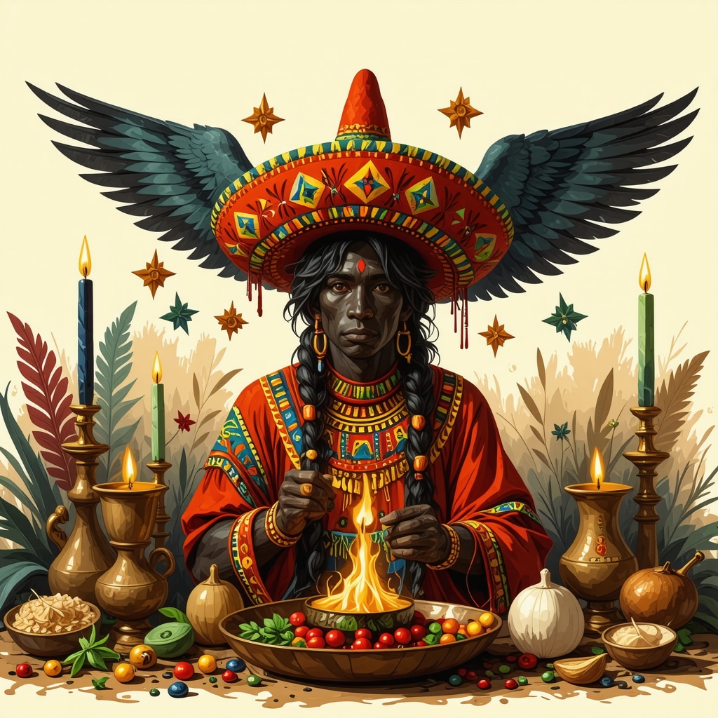 Illustration of traditional Hispanic symbols and rituals in a modern US setting, vibrant colors, detailed