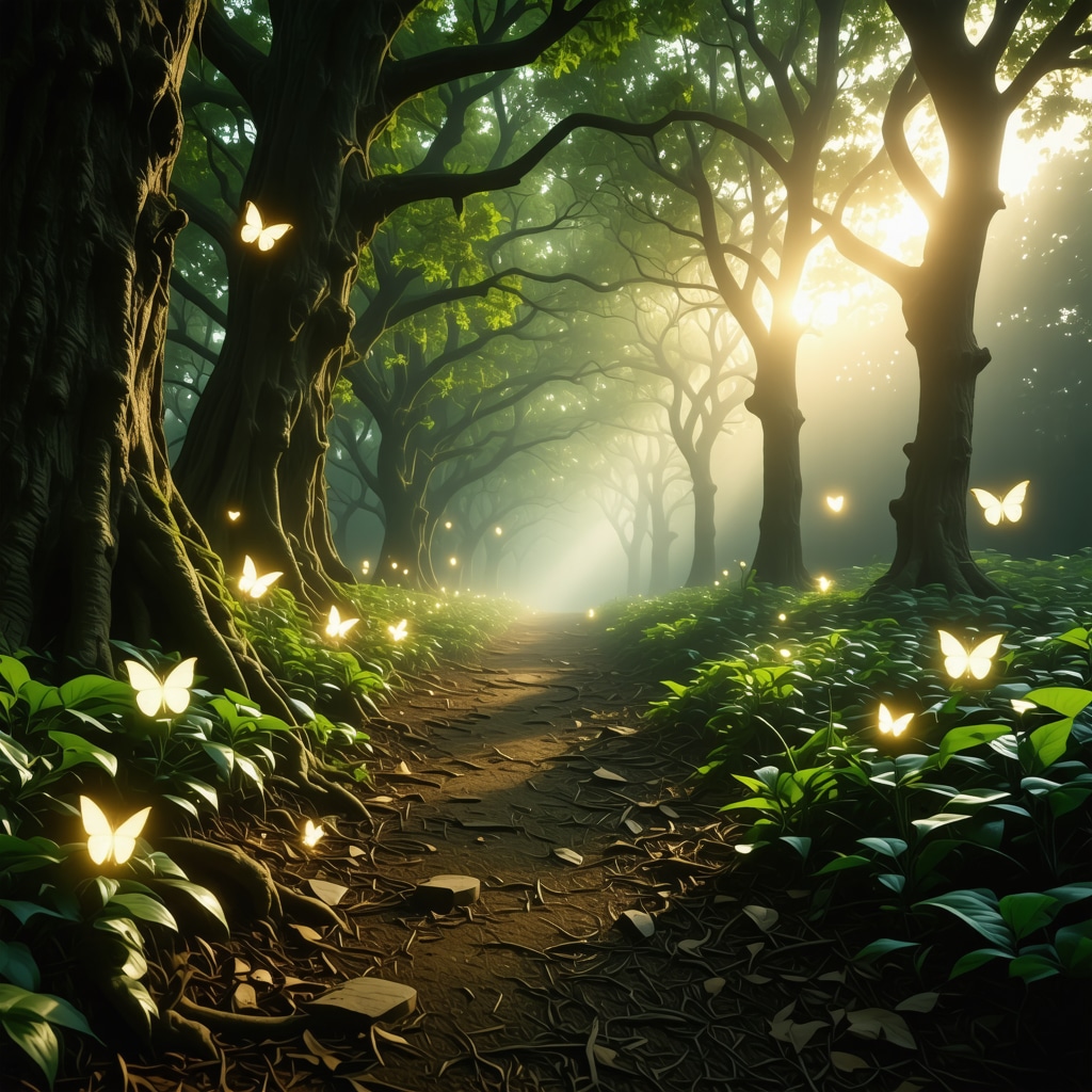 Serene forest path with mystical symbols illustrating spiritual guide connection
