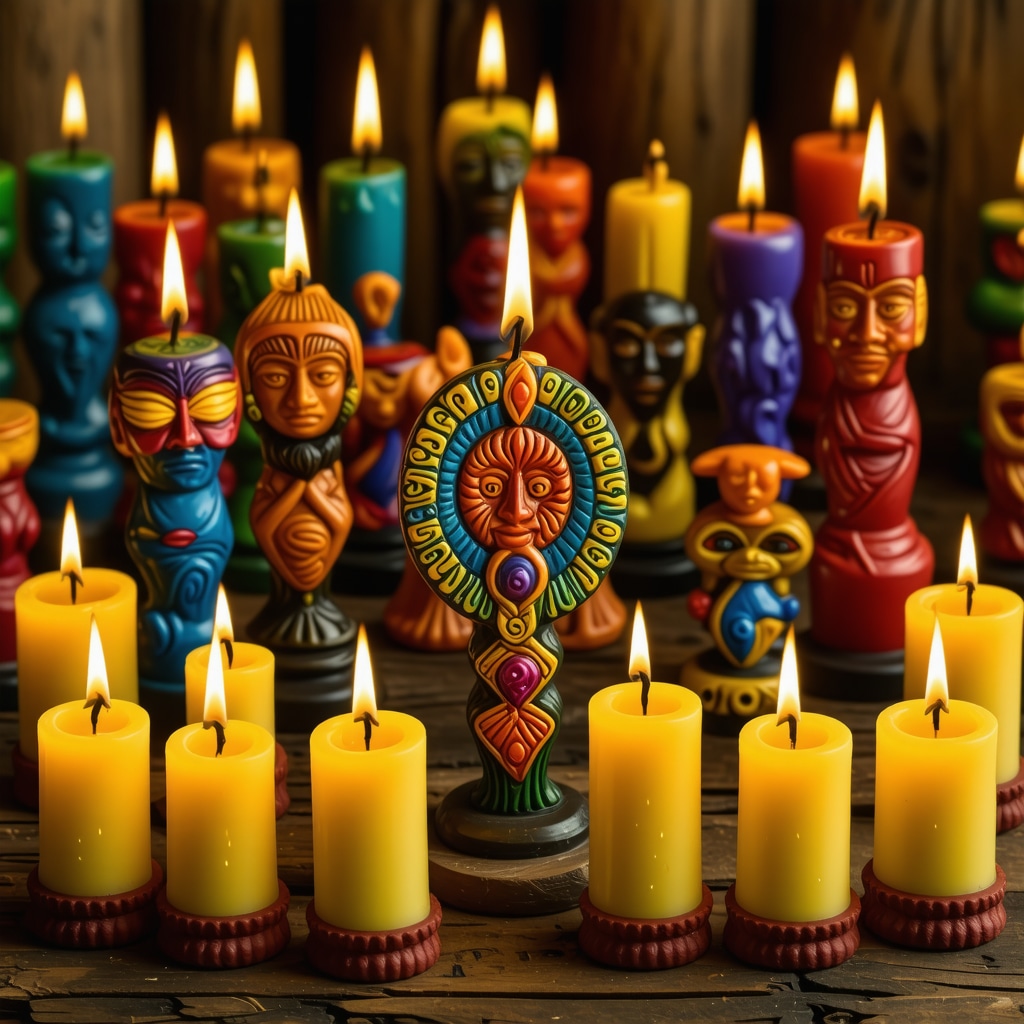 Superstitions and Symbols of Dominican Culture Vibrant depiction of Dominican superstitions with amulets, candles, and traditional rituals in a lively setting