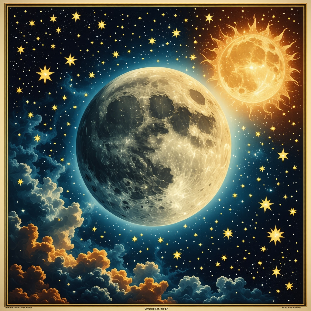 Artwork depicting stars, moon, and sun symbols