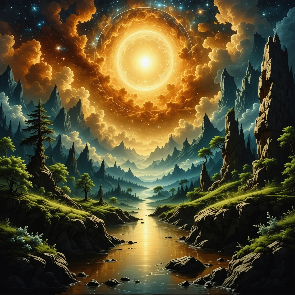 A mystical landscape with natural and spiritual symbols representing divine messages