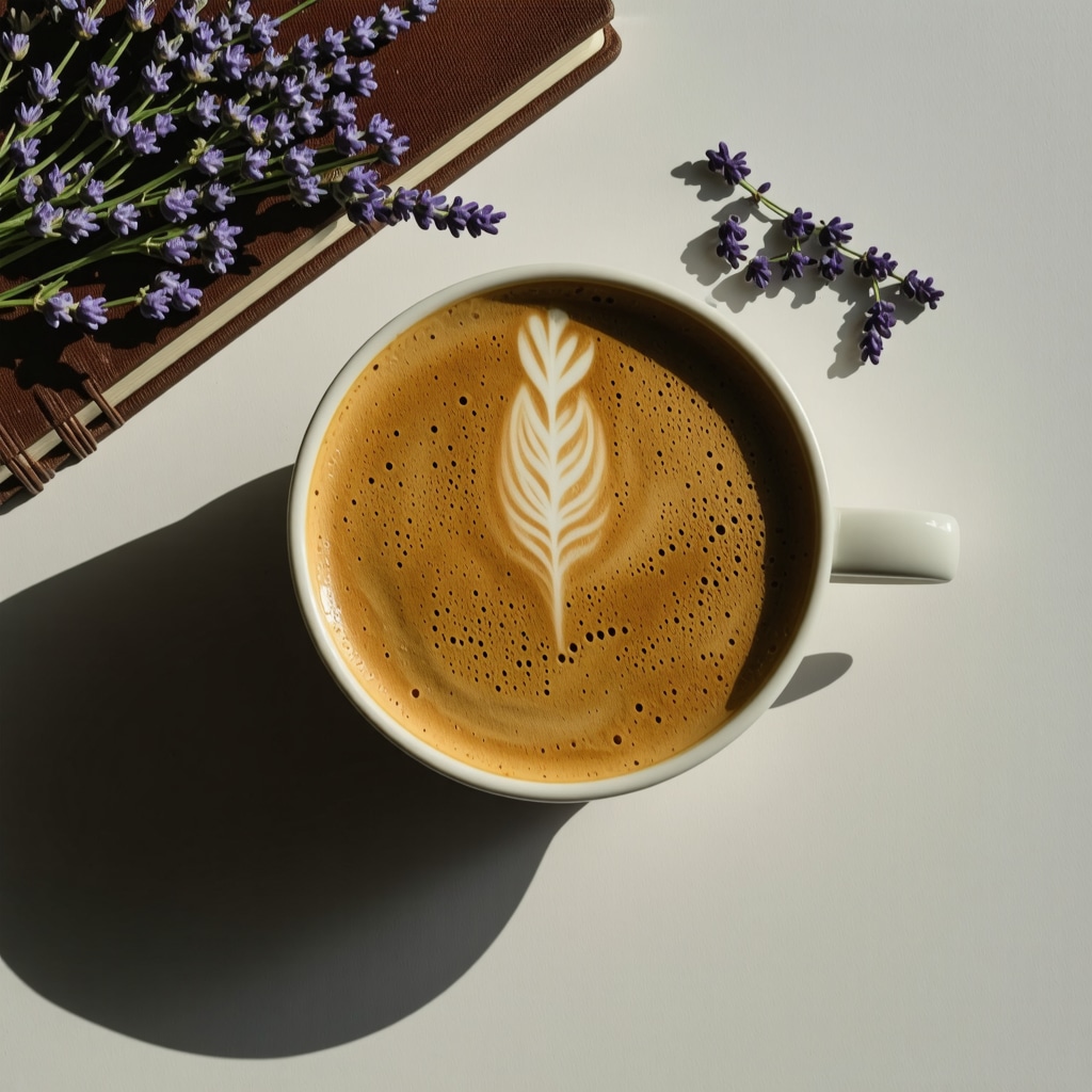 Cup of coffee with foam forming symbolic shapes, lavender flowers, and a journal on a wooden table
