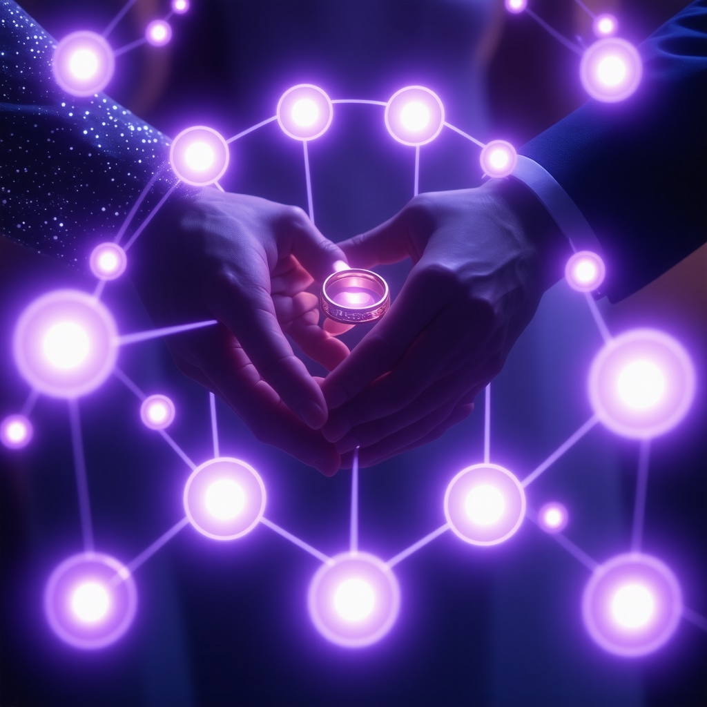 Couple exchanging wedding rings with glowing symbolic circles representing emotional and neurological connection