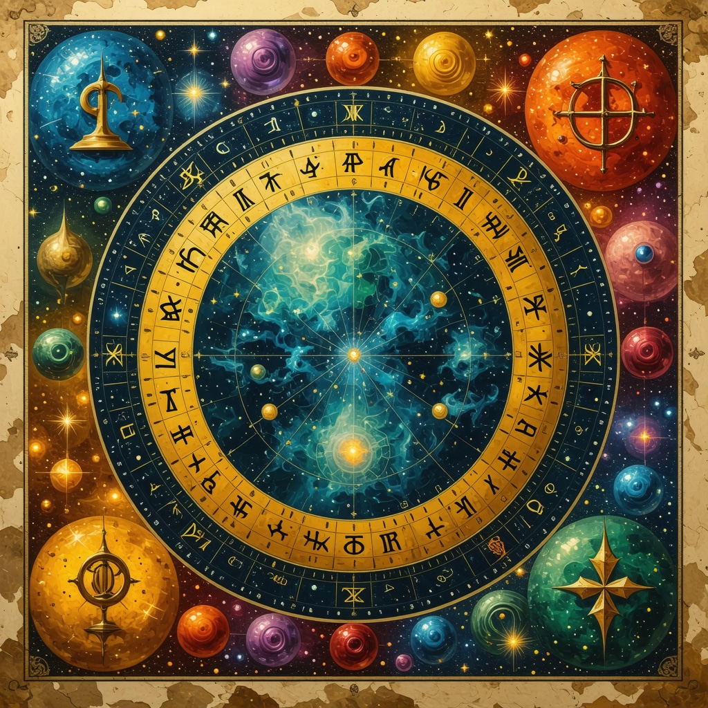 Illustration of ancient symbols, modern numerology signs, and cultural artifacts representing wealth and abundance