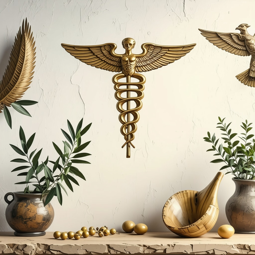 Modern decor featuring Greek symbols such as olive branch, caduceus, and horn of plenty for good luck