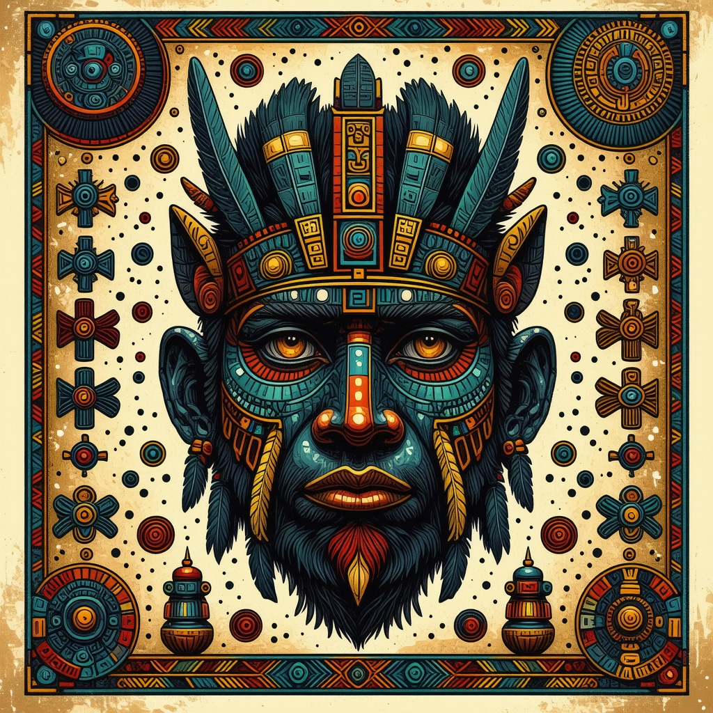 Aztec mythological symbols and deities in vibrant art style.
