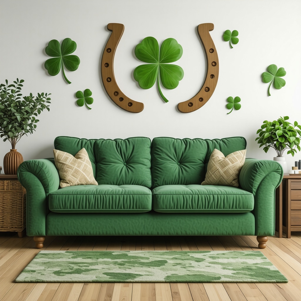 Interior decor with luck symbols like four-leaf clover and horseshoe.