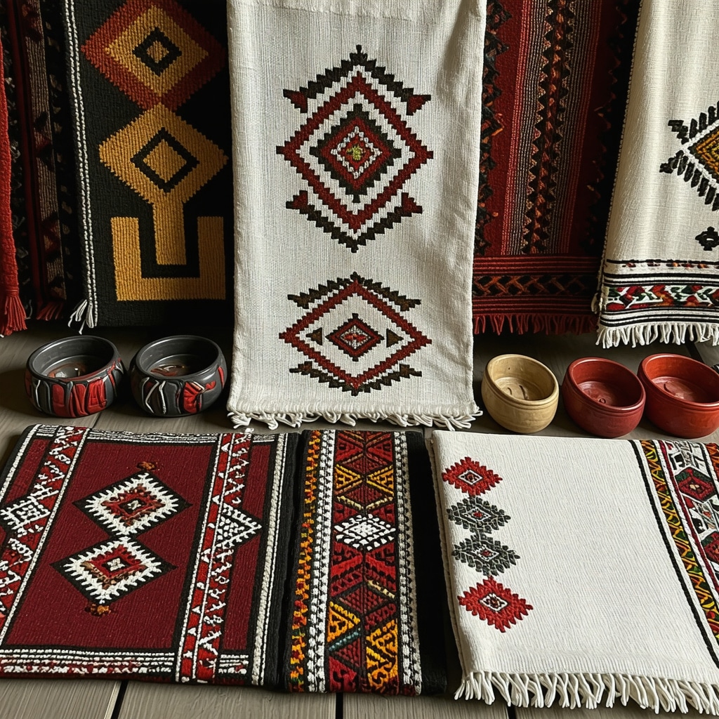 Cultural symbols such as textiles and amulets incorporated into modern wedding ceremonies.