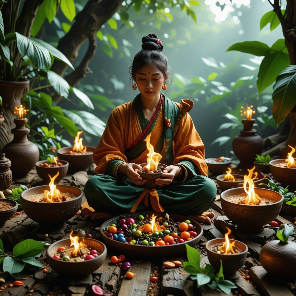 Cultural symbols and ritual elements for prosperity in May, vibrant spiritual scene