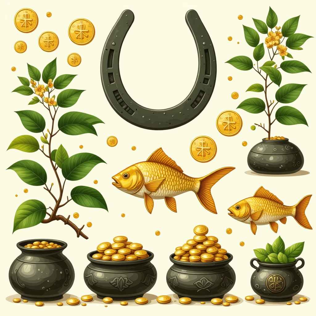Traditional symbols for attracting wealth such as a horseshoe, coins, and lucky fish.