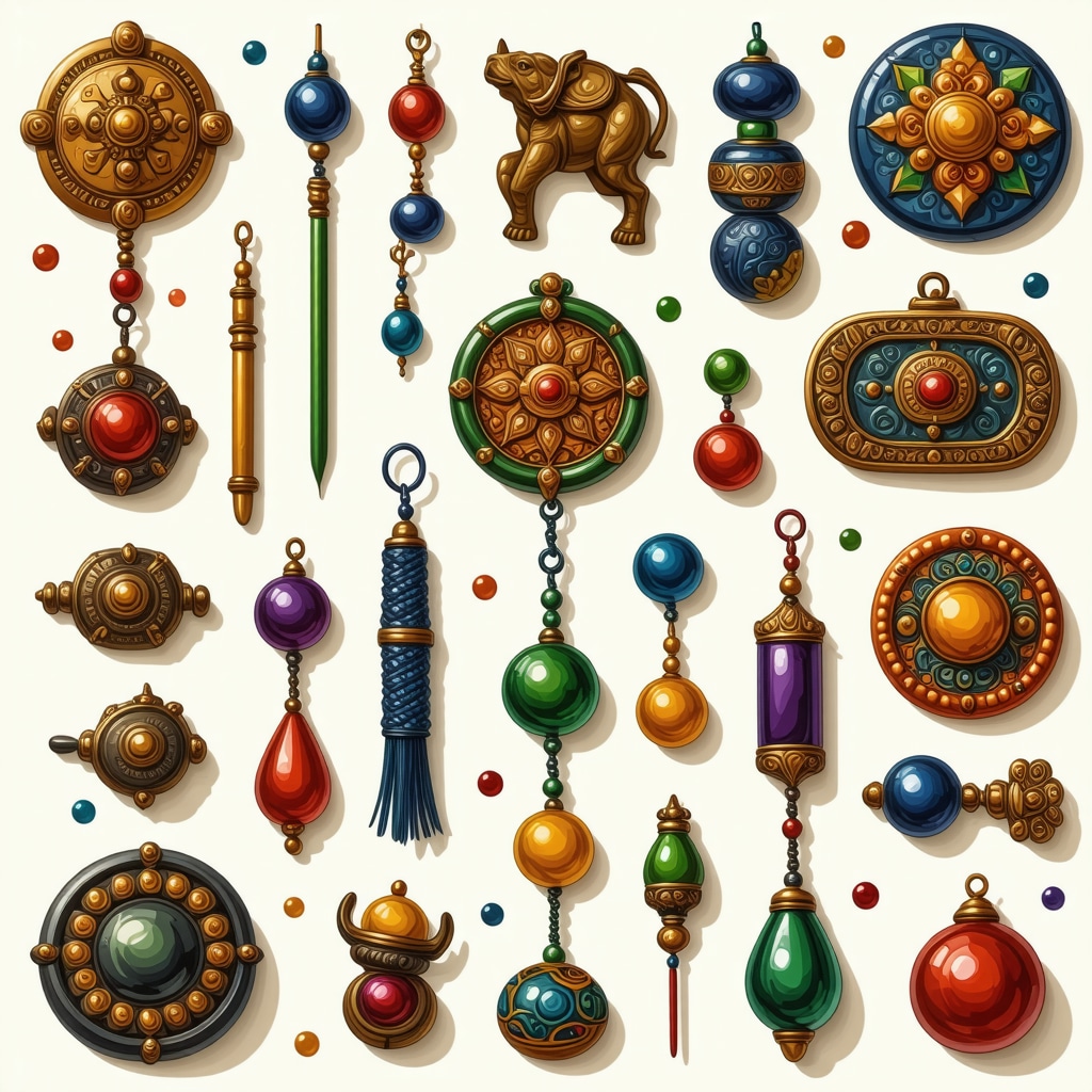 Cultural symbols and amulets representing prosperity and protection, vibrant and inspiring.
