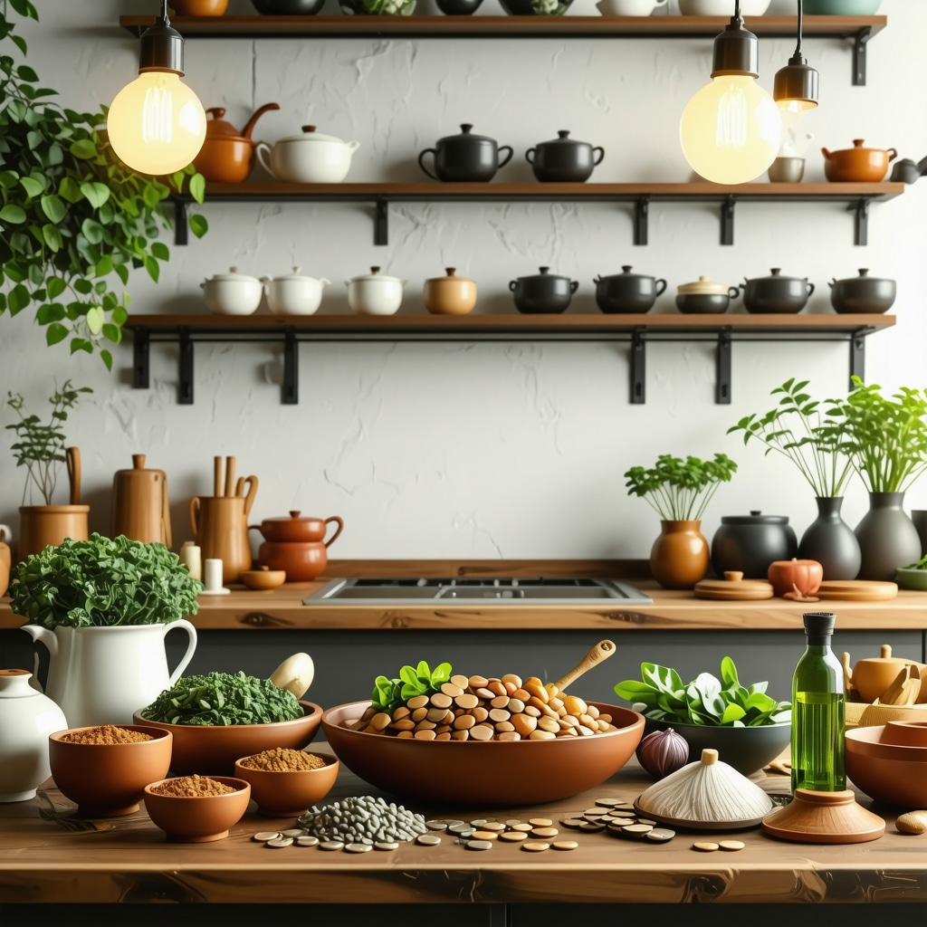 A warm kitchen decorated with symbols like coins and herbs to attract prosperity.