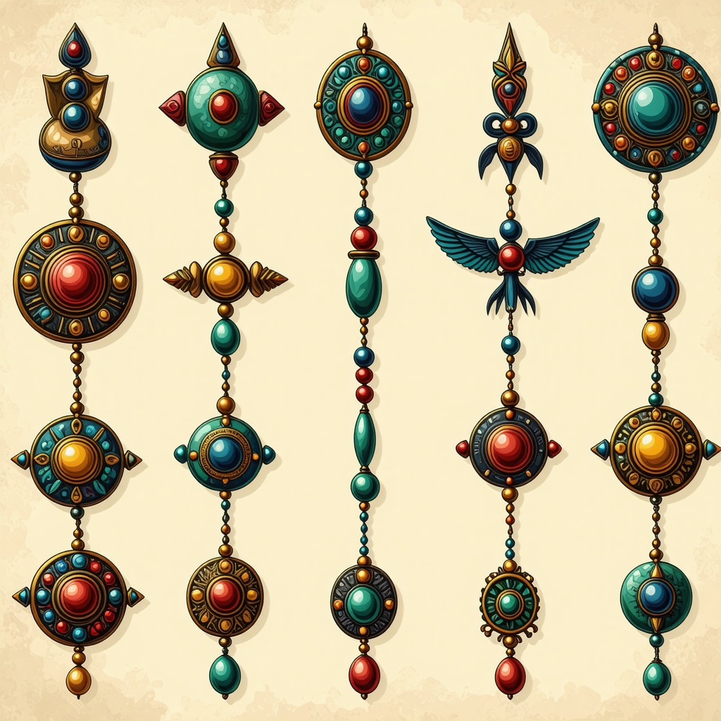 A colorful display of cultural symbols and amulets representing protection and good luck