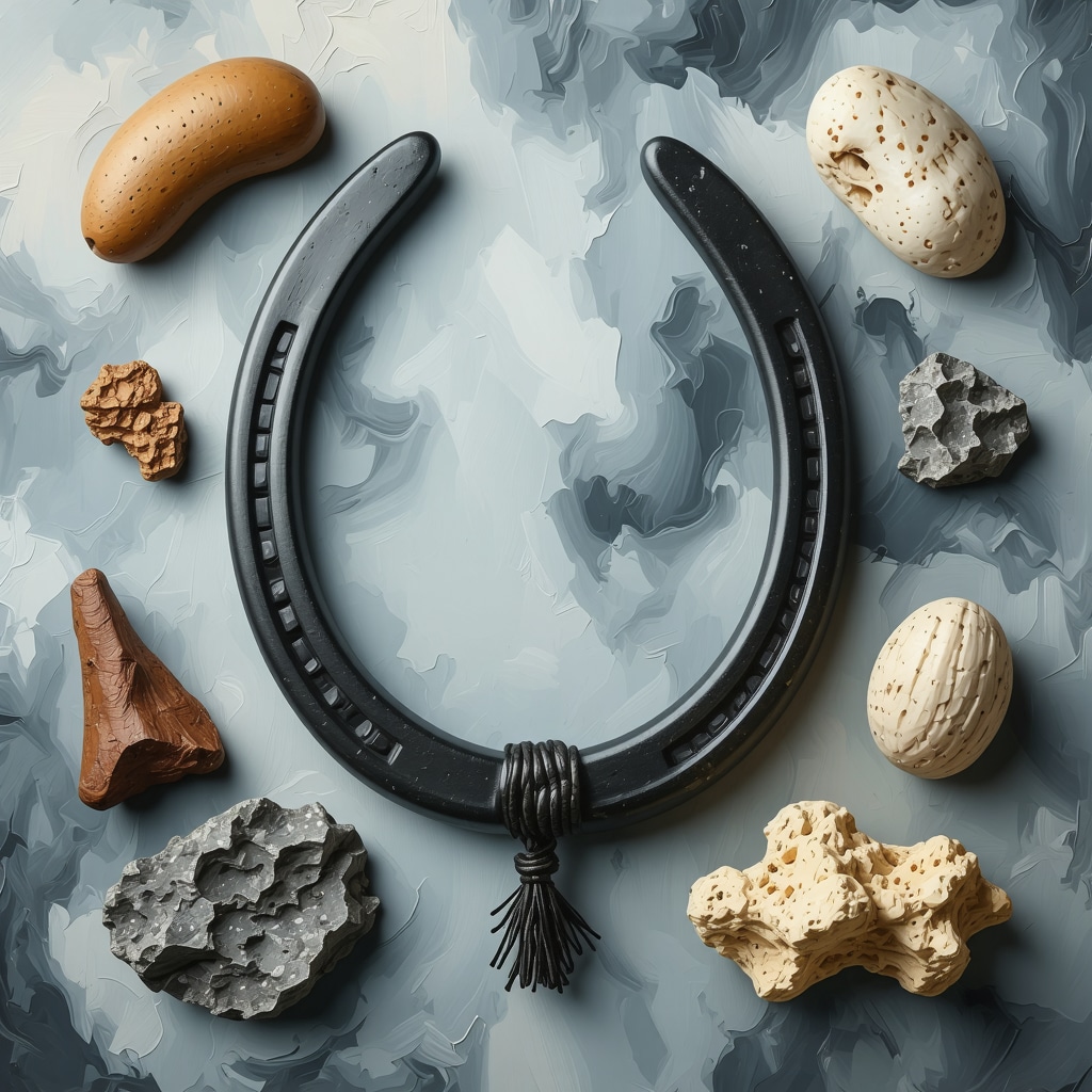 Traditional Dominican amulets such as horseshoes and ojo de venado with natural background representing cultural heritage and psychological balance