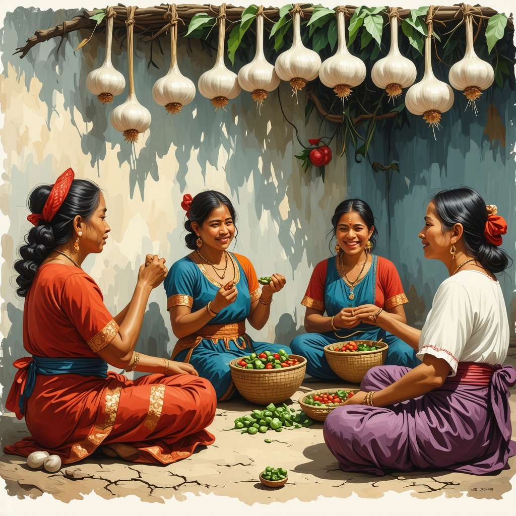 People practicing Guatemalan superstitions with garlic and frog amulets in a vibrant cultural environment