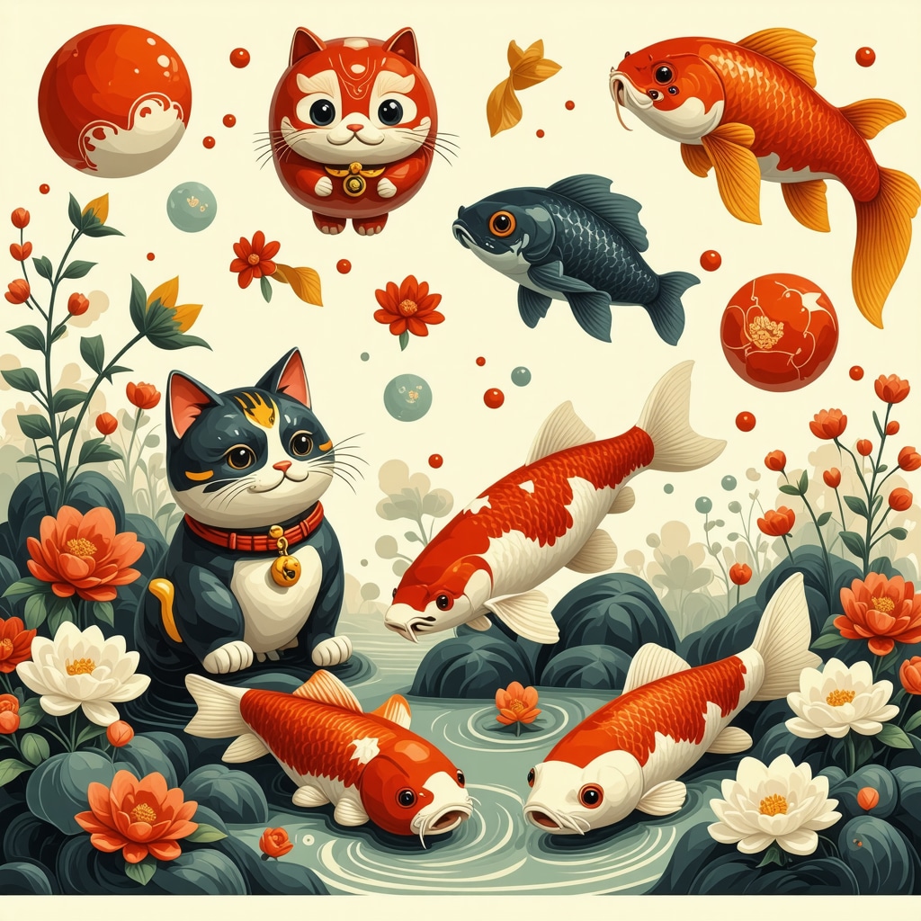 Japanese symbols for prosperity including Maneki-neko, Daruma, and Koi fish.