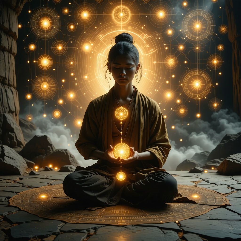 Traveler meditating with glowing personalized amulet surrounded by ancestral symbols and neural network patterns