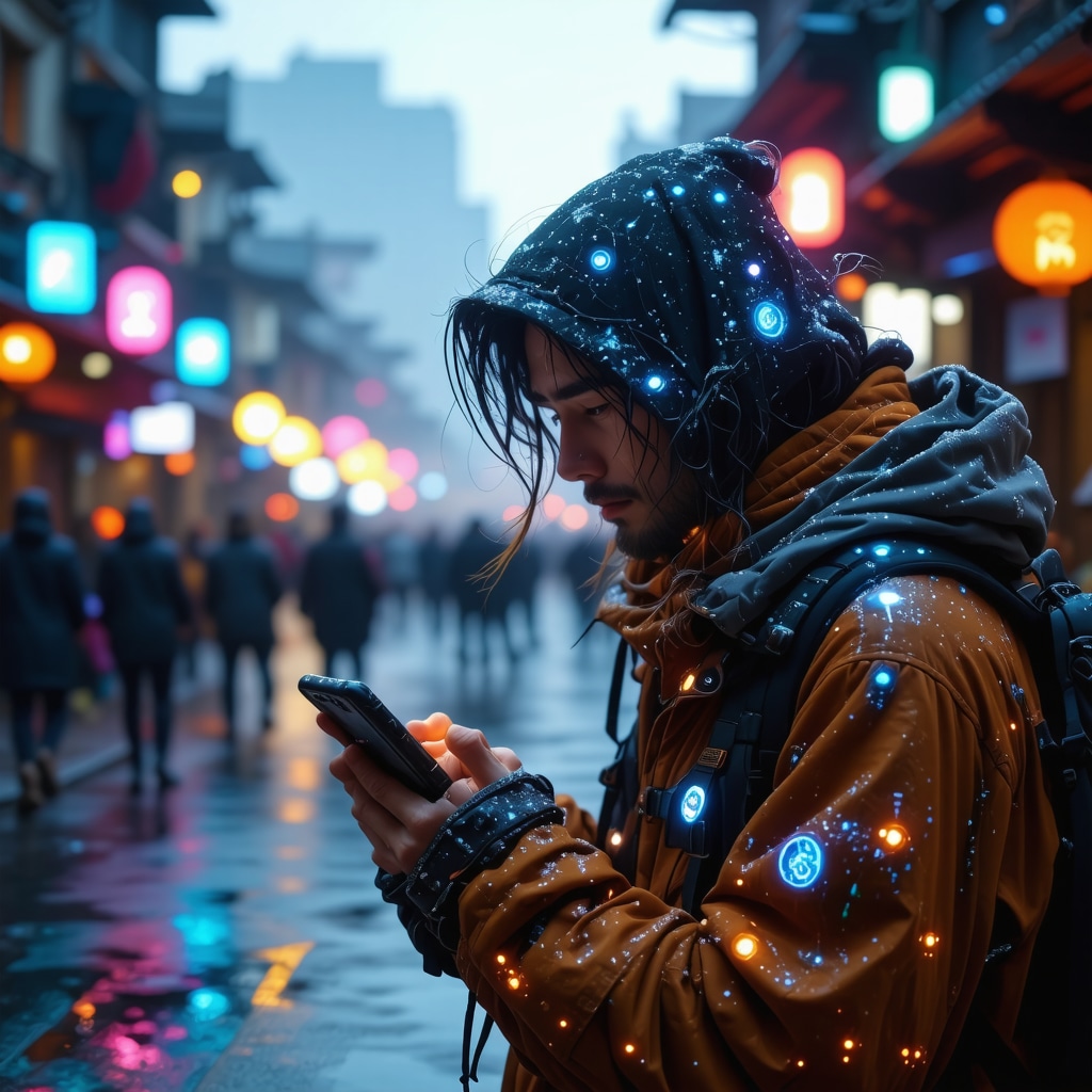 Traveler using a smartphone displaying holographic traditional amulets and AI symbols in a modern cityscape