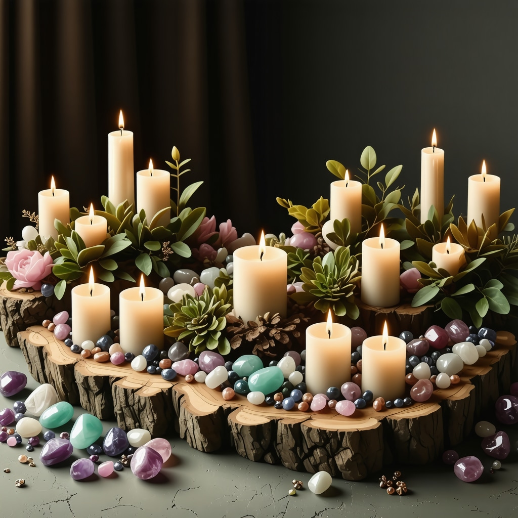 Wedding altar decorated with natural symbols, gemstones, and candles for a spiritual ceremony