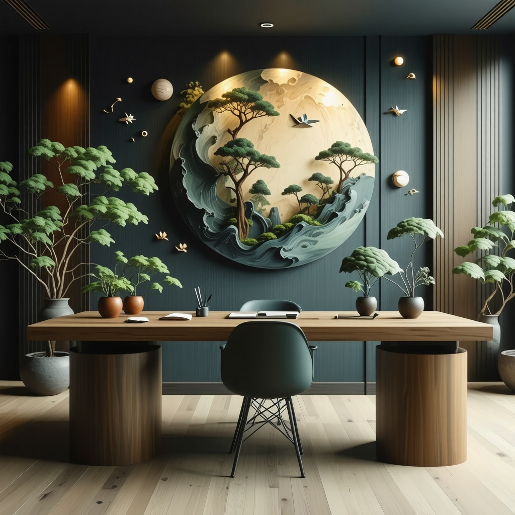 Modern office desk decorated with sacred geometric symbols and Feng Shui plants, symbolizing positive energy and professional success