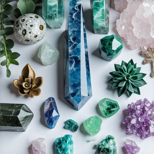 Arrangement of crystals, plants, water symbols for magical rituals with cold colors.