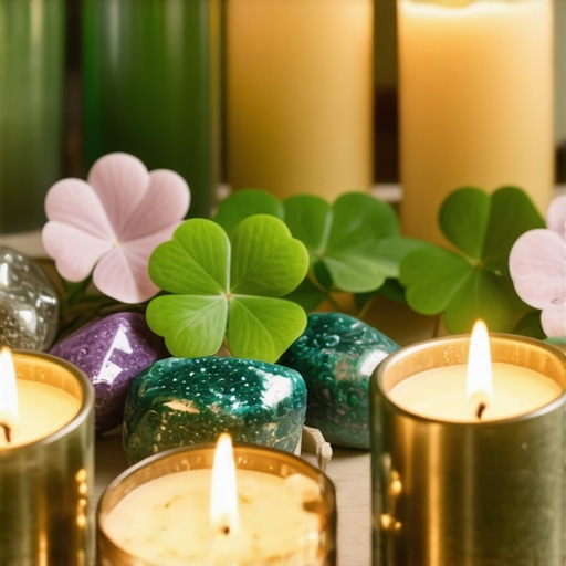 Altar de prosperidad con tréboles, cristales y velas verdes en un ambiente espiritual y tranquilo.