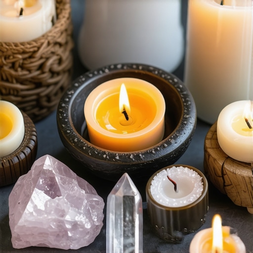 Altar con símbolos de prosperidad, cristales y velas en un ambiente tranquilo