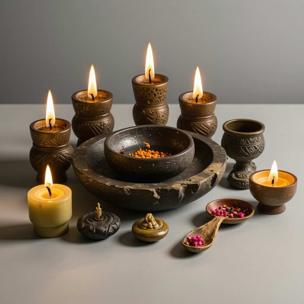 Altar hindú con velas, incienso y símbolos tradicionales en un ambiente espiritual