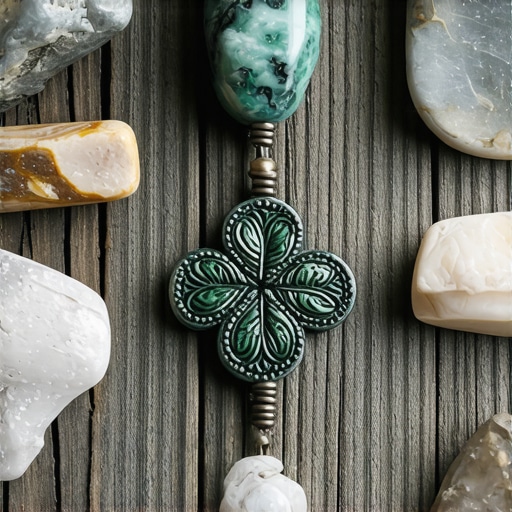 Amuletos tradicionales escoceses como tréboles y cuernos en un entorno natural