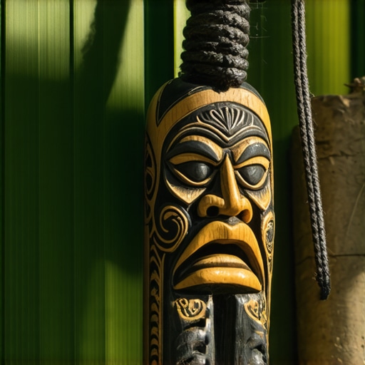 Tiki maorí rodeado de elementos naturales y símbolos espirituales