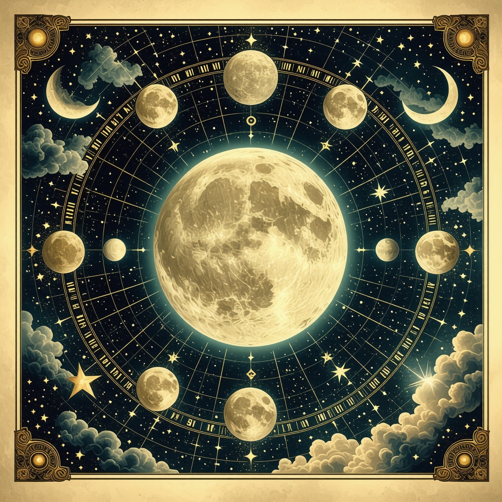 Ilustración de las fases de la luna con símbolos y rituales espirituales